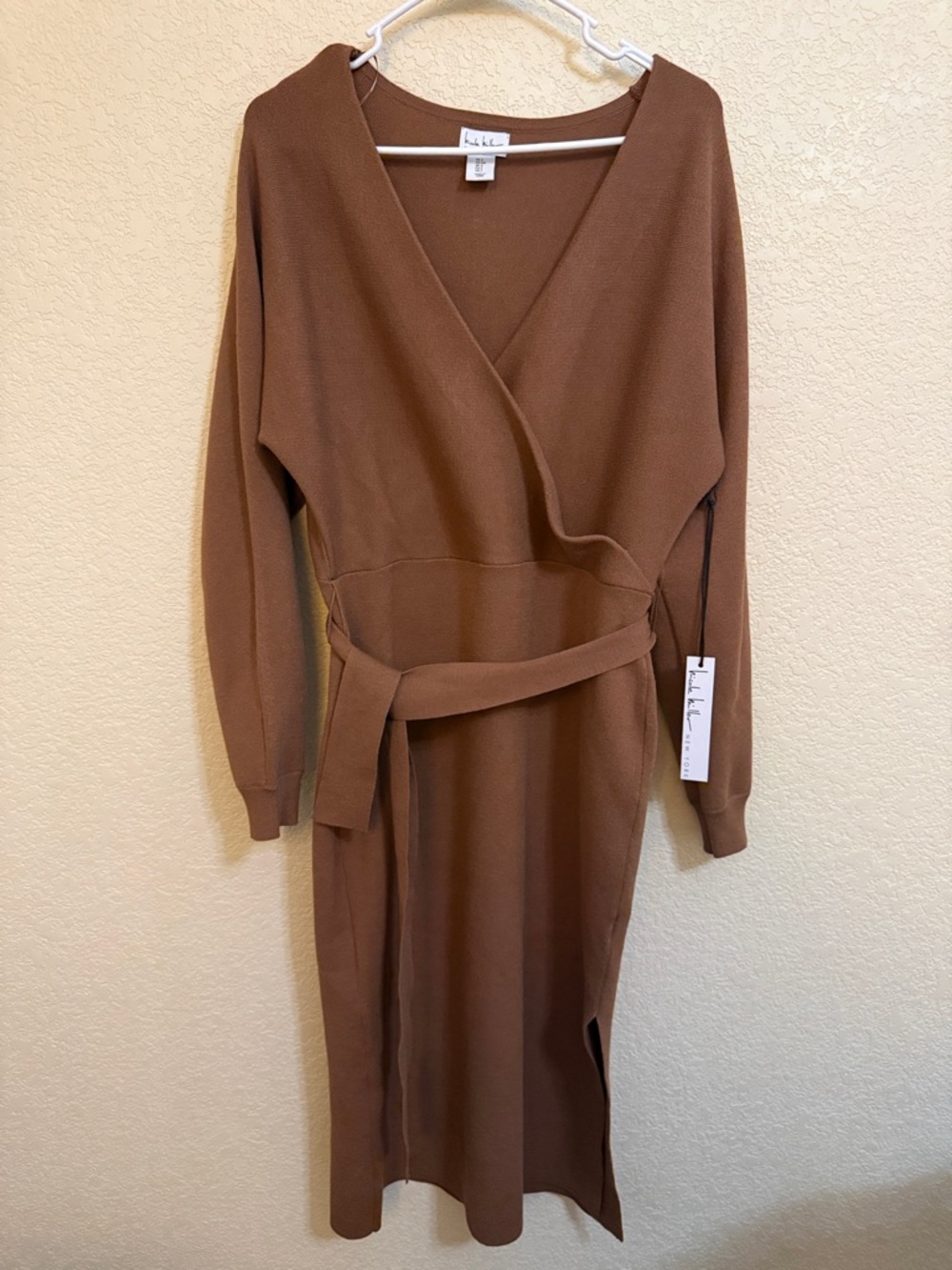 Nicole Miller Brown Wrap Midi Sweater Dress